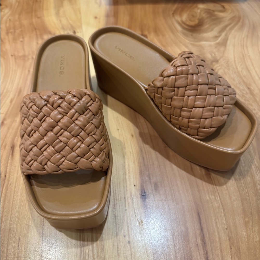 Vince Mari Woven Platform Slide Sandals in Tan